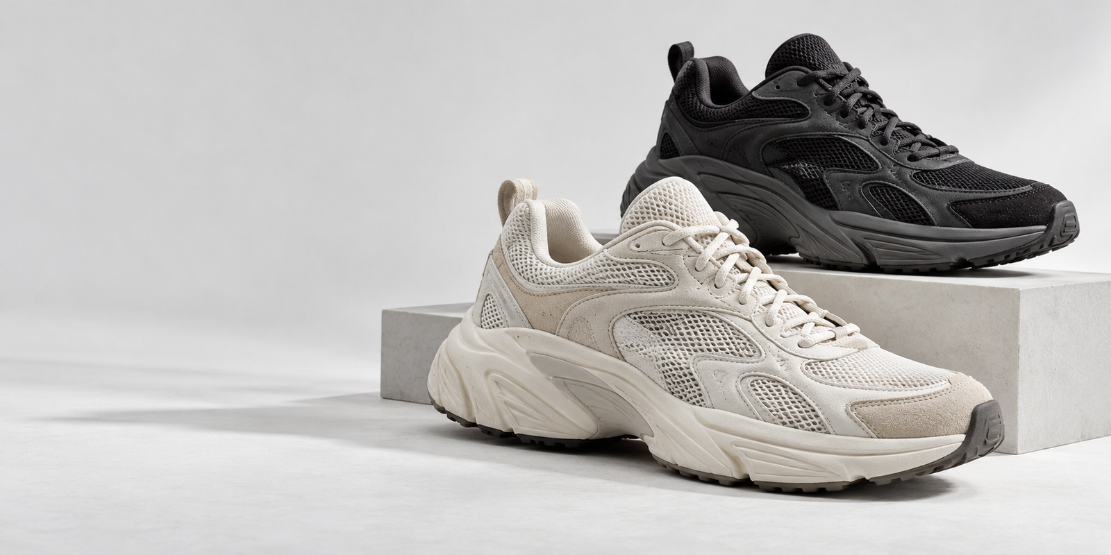Original unbranded cream and black sneakers in an architectural studio